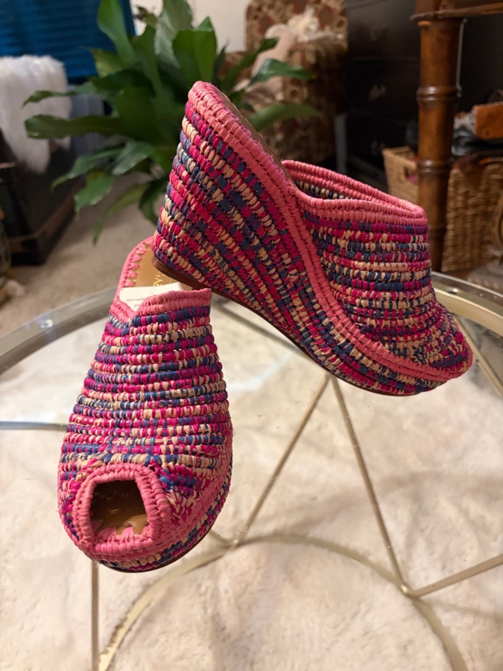 Jessica Wedge Pink Multicolor Woven Peep-Toe Mule